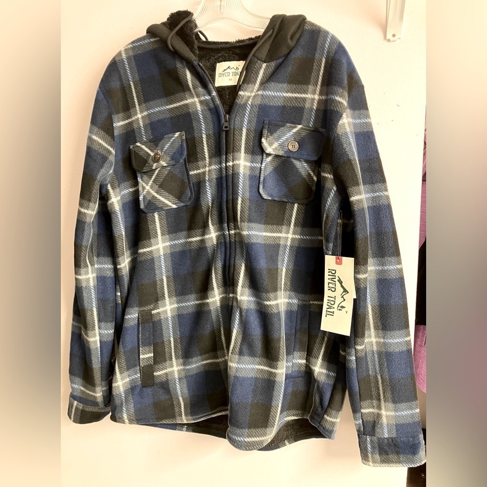 Men’s Fleece Hoodie Jacket, Medium, Blue/Black Plaid, NWT, by River Trail